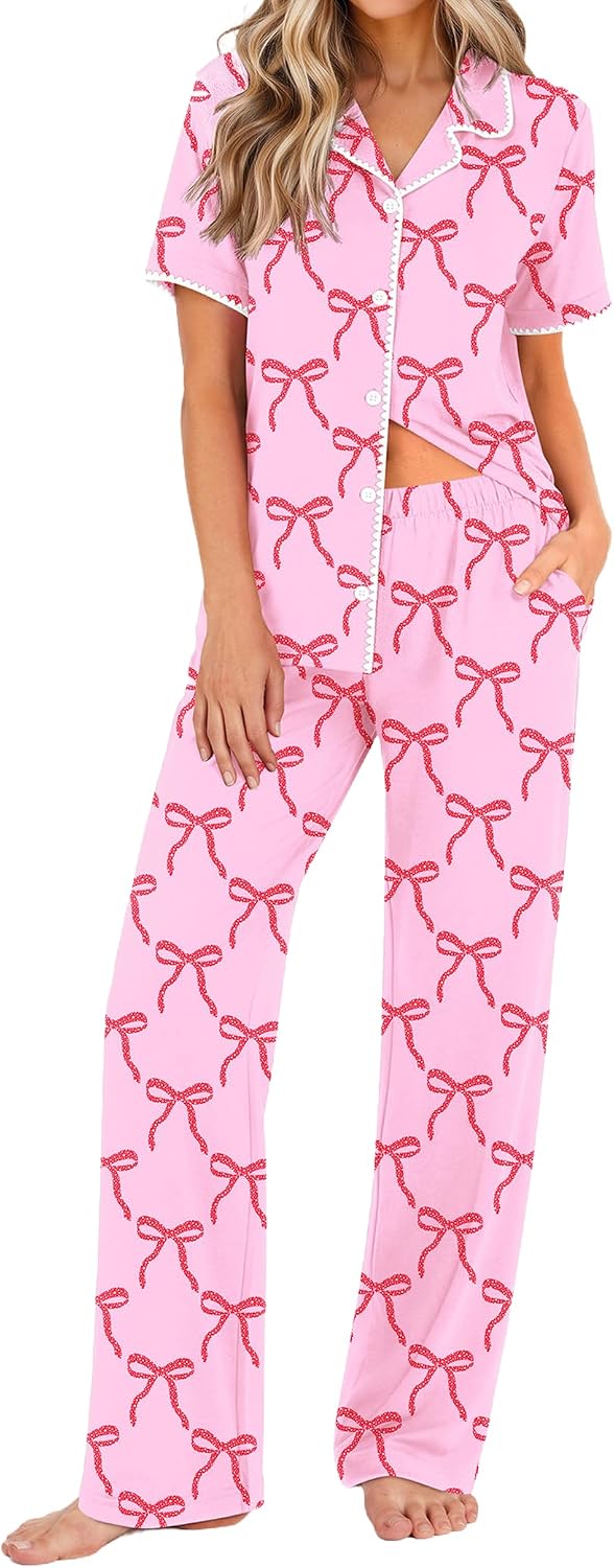 Ekouaer Women's Pajama Sets Button Down Loungewear Short Sleeve Sleepwear 2 Piece Pants Pjs Set with Pockets S-XXL