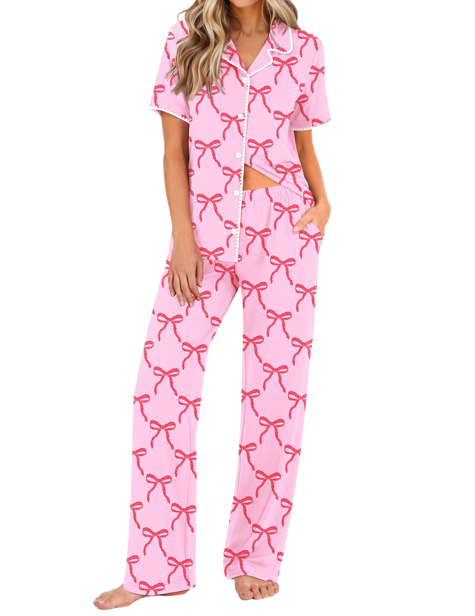 Ekouaer Conjunto de pijama para mujer, camisa abotonada, ropa de estar por casa, pijama de manga corta, conjunto de 2 piezas con pantalón y bolsillos, lazo rosa, talla L