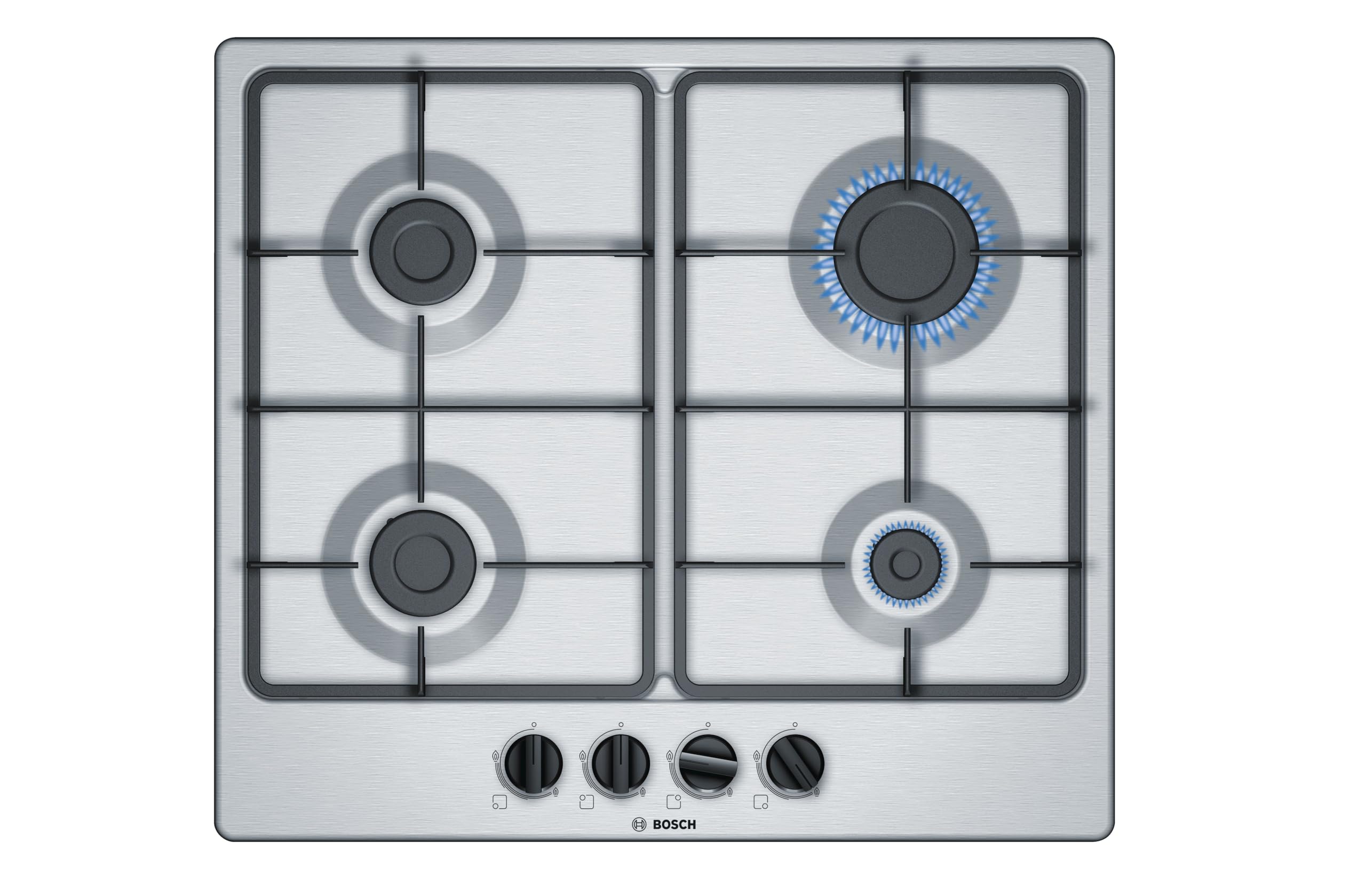 Bosch Serie PGP6B5B60, Piano cottura a gas, Manopole a ponticello: controllo ergonomico, 4 fuochi, Acciaio, Versione Esclusiva Amazon, 60 cm