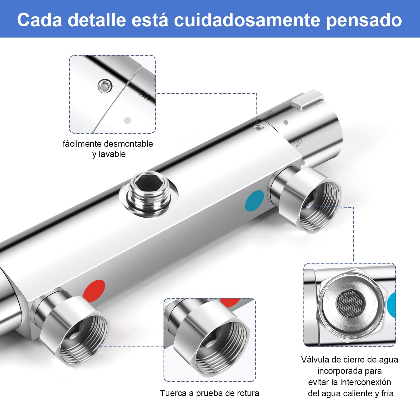 Grifo Ducha Termostato, Mezclador Termostatico de Ducha de Sobrepared con Bloqueo de Seguridad a 38 °C, grifo bañera termostático de latón, adecuado para Alta Presión de Agua