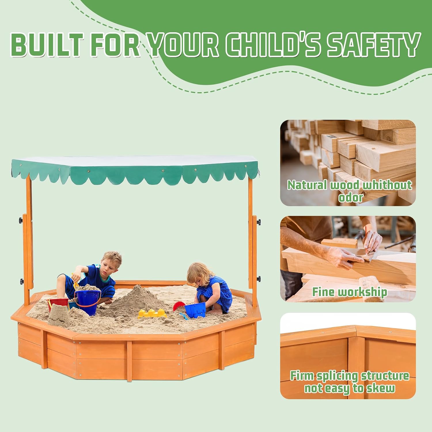 ISBA Wooden Kids Sandbox with Adjustable Cover Octagon Canopy Large Outdoor Sandpit for Backyard Weather Resistant Natural Wood Play Sandbox for Kids Ages 3 to 9