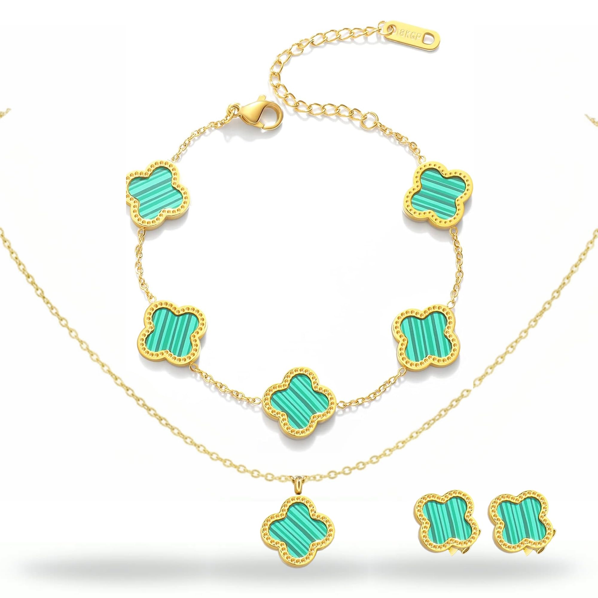 Julie & Co four leaf clover 18K gold plated Jewelry set Jewellery set for women, comes with a cute keychain in a Julie & Co neat gift box.