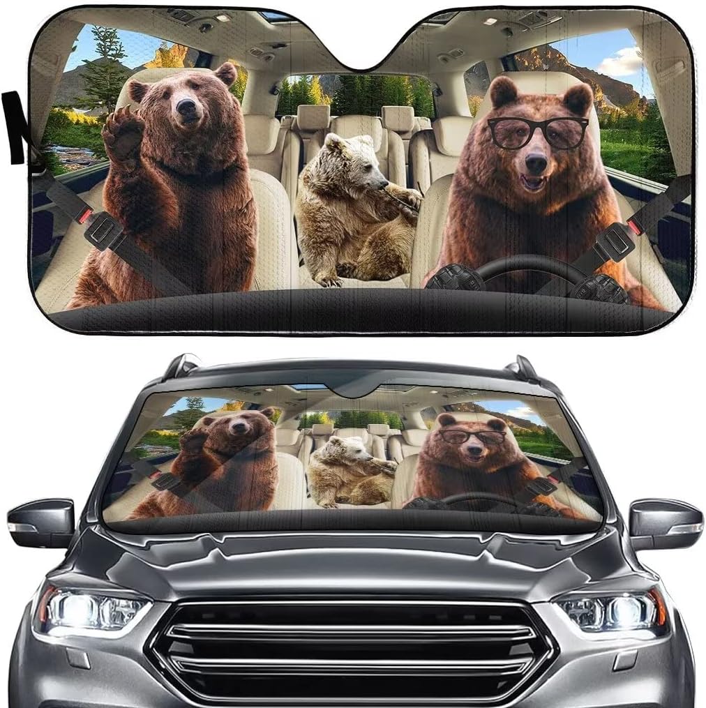 Car Sunshade Bear Driver Car Windshield Sun Shade Foldable Car Windshield Sun Shade Funny Auto Sun Shades 57x27.5 Inches
