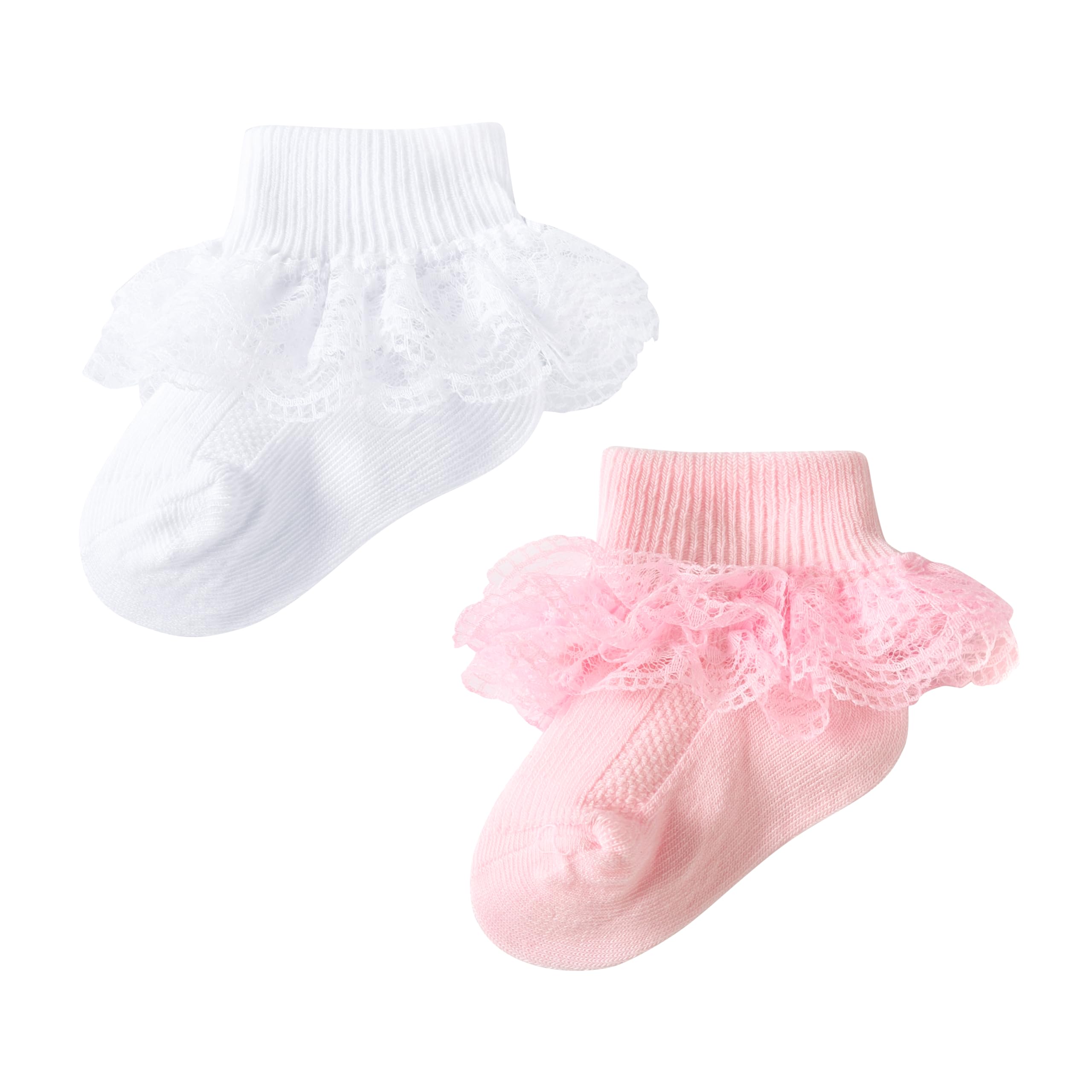 Photo 1 of ?Baby Girls Ruffle Socks, Infant Girls Double Lace Frilly Socks Newborn Spring and Autumn Thin Dress Turn Cuff Sock??,White Pink 2 Pairs 0-6 Months