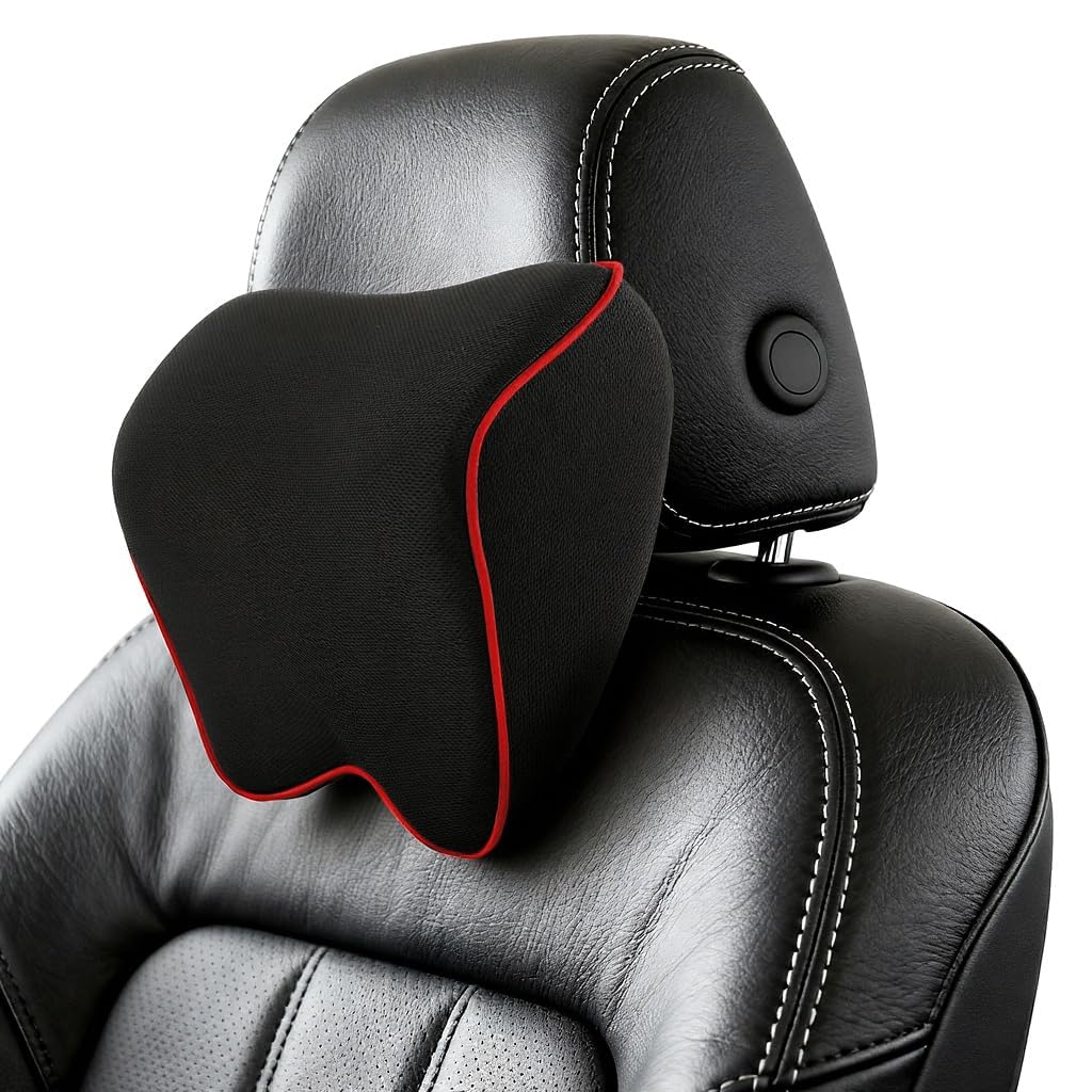 Tryagat 1 Piece Car Neck Support Pillow for Audi Q3 F3 Sportback 2019-2026, Relieving Neck Fatigue with Adjustable Strap,breathable Ergonomic Washable,Black with Red trim