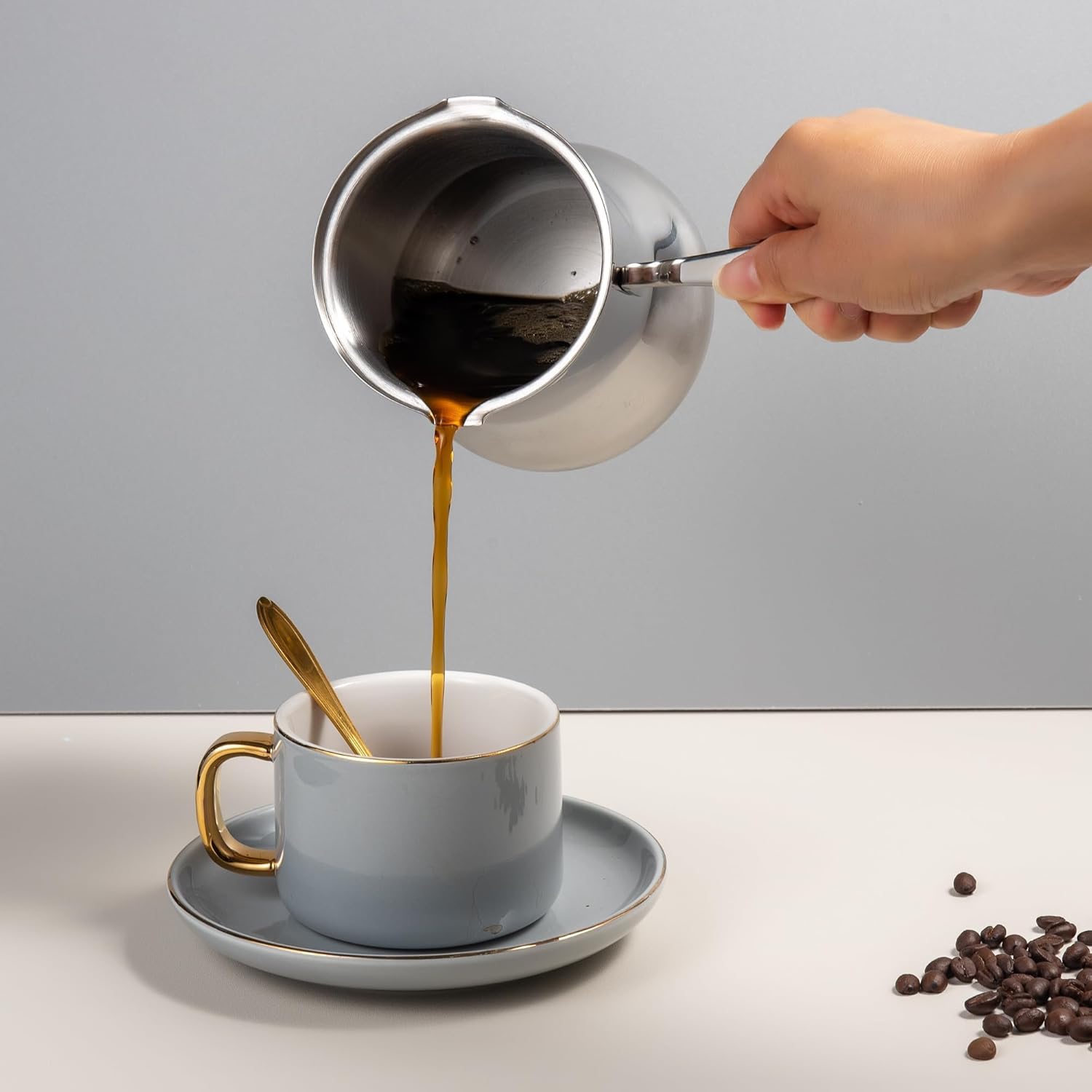 IMEEA Turkish Coffee Pot Arabic Coffee Pot Cezve Turkish Coffee Pot 18/10 Stainless Steel Greek Coffee Pot Briki Turkish Coffee Maker (16.9 Ounces)