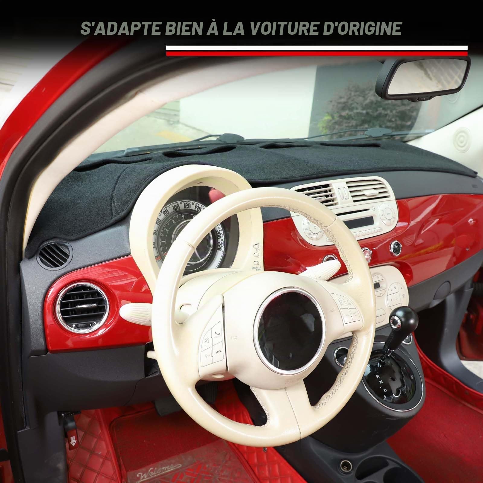 Housse de tableau de bord compatible avec Fiat 500 2008-2023, revêtement intérieur pour tableau de bord de voiture, antidérapant, anti-UV, protection solaire (noir, avec conduite à gauche)