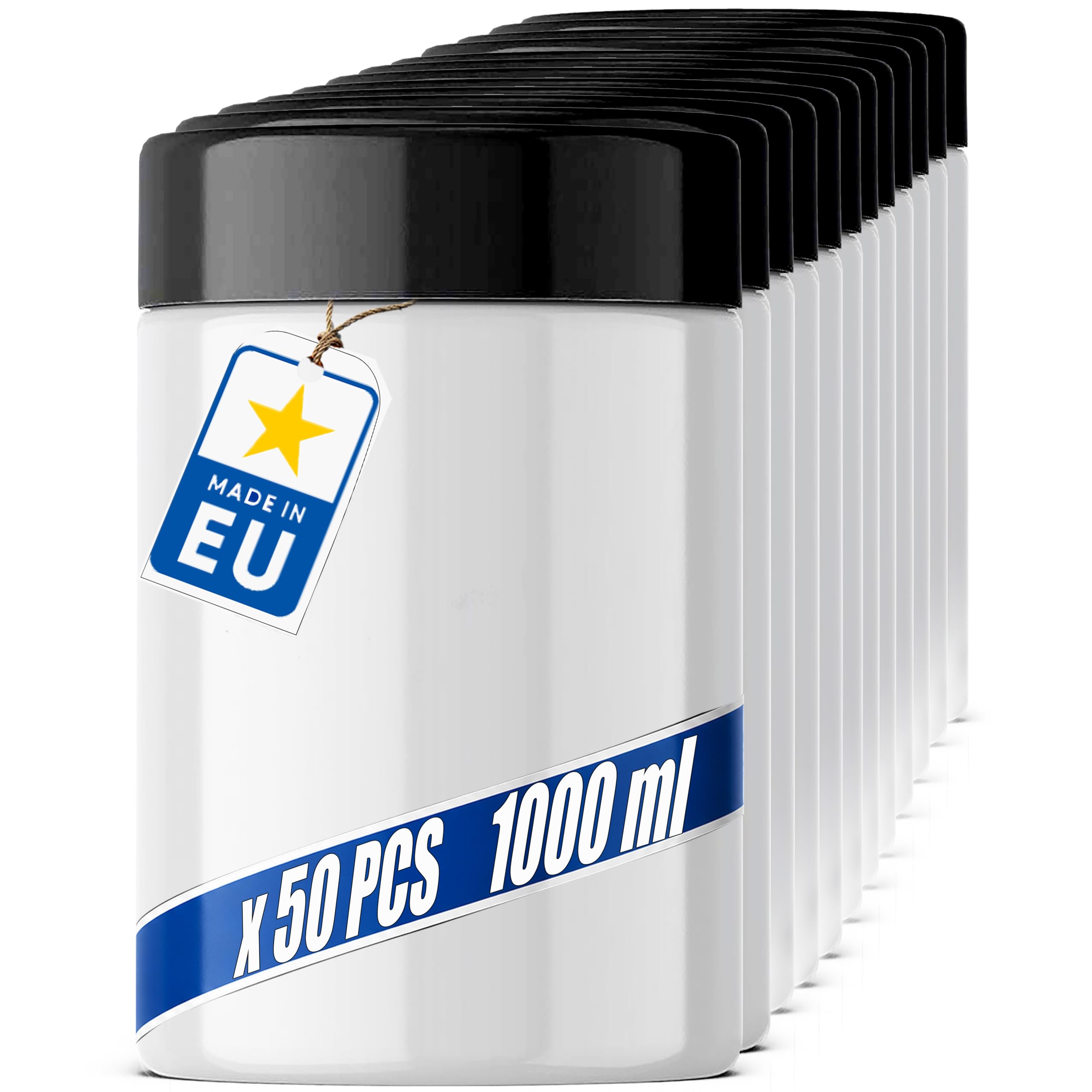 POSH Barattoli ermetici, 50 x 1 l, in PET per uso alimentare, con coperchio a vite, contenitori in plastica bianca con coperchio, per farina, caffè, tè, erbe, barattoli in plastica rotondi impilabili