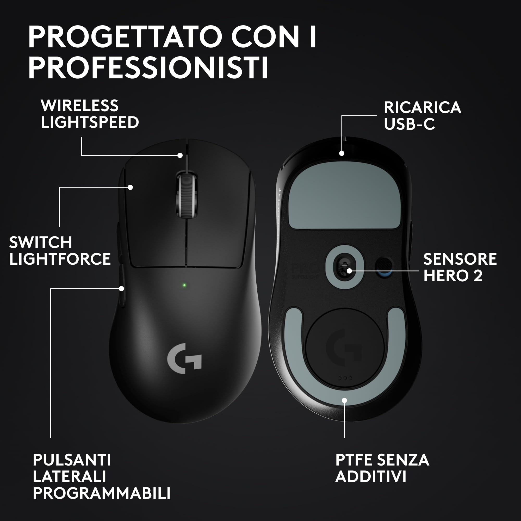 Logitech G PRO X SUPERLIGHT 2 DEX wireless gaming mouse | Für PC/Mac, 60g pro-grade, rechtshändig, 5 Tasten, USB-C, 44k DPI, bis 8 kHz Polling - Nero