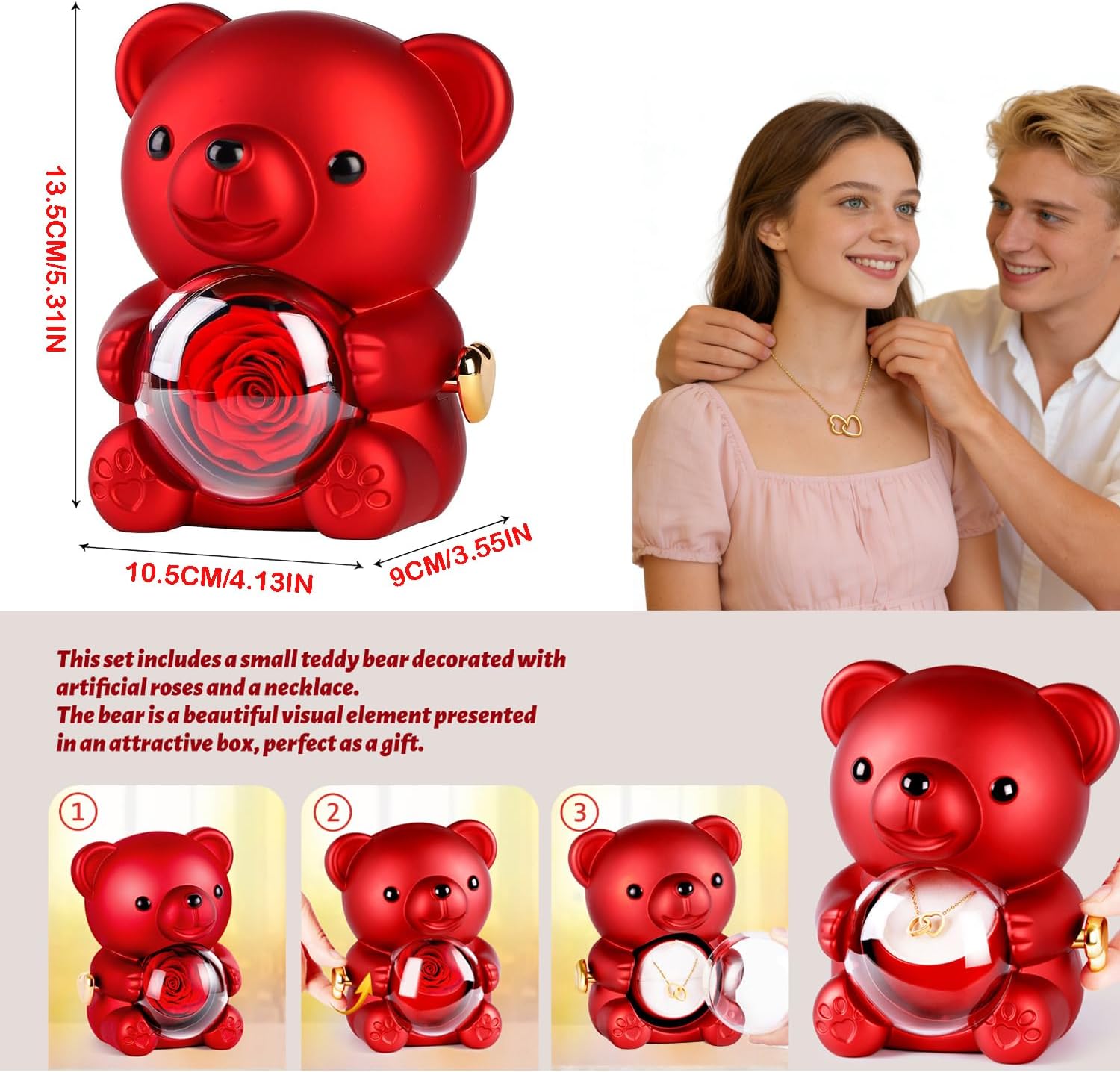 Preserved Rose Bear with Heart Necklace, Eternal Red Rose Bear, Valentine's Day Gift, Women's Gift, Birthday Gift, Mom, Anniversary, Original Bear with Eternal Flower image 3