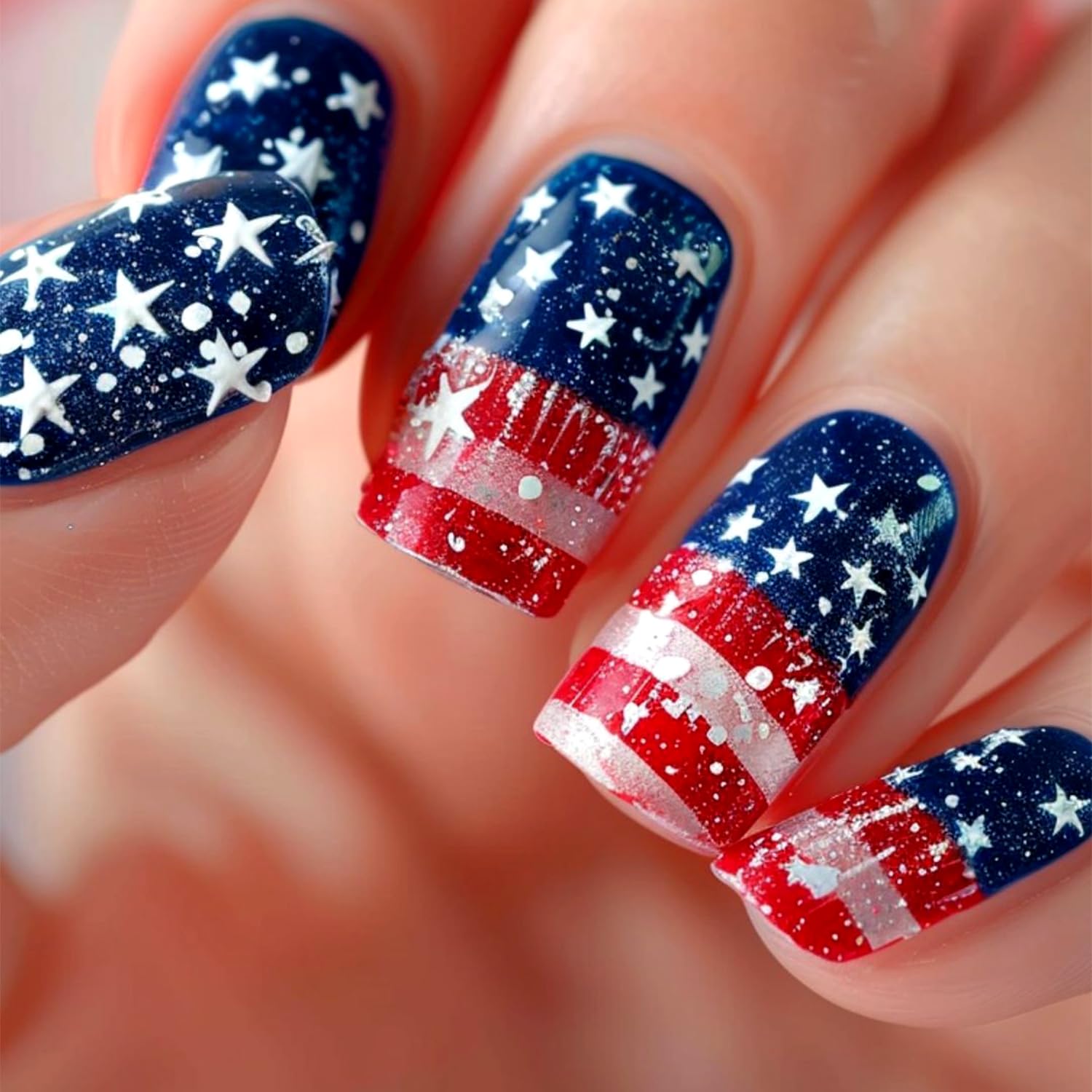 4th of July Press on Nails Short Square Fake Nail with Star Red White Stripe Designs Independence Day Blue False Nails Full Cover Stick on Nail