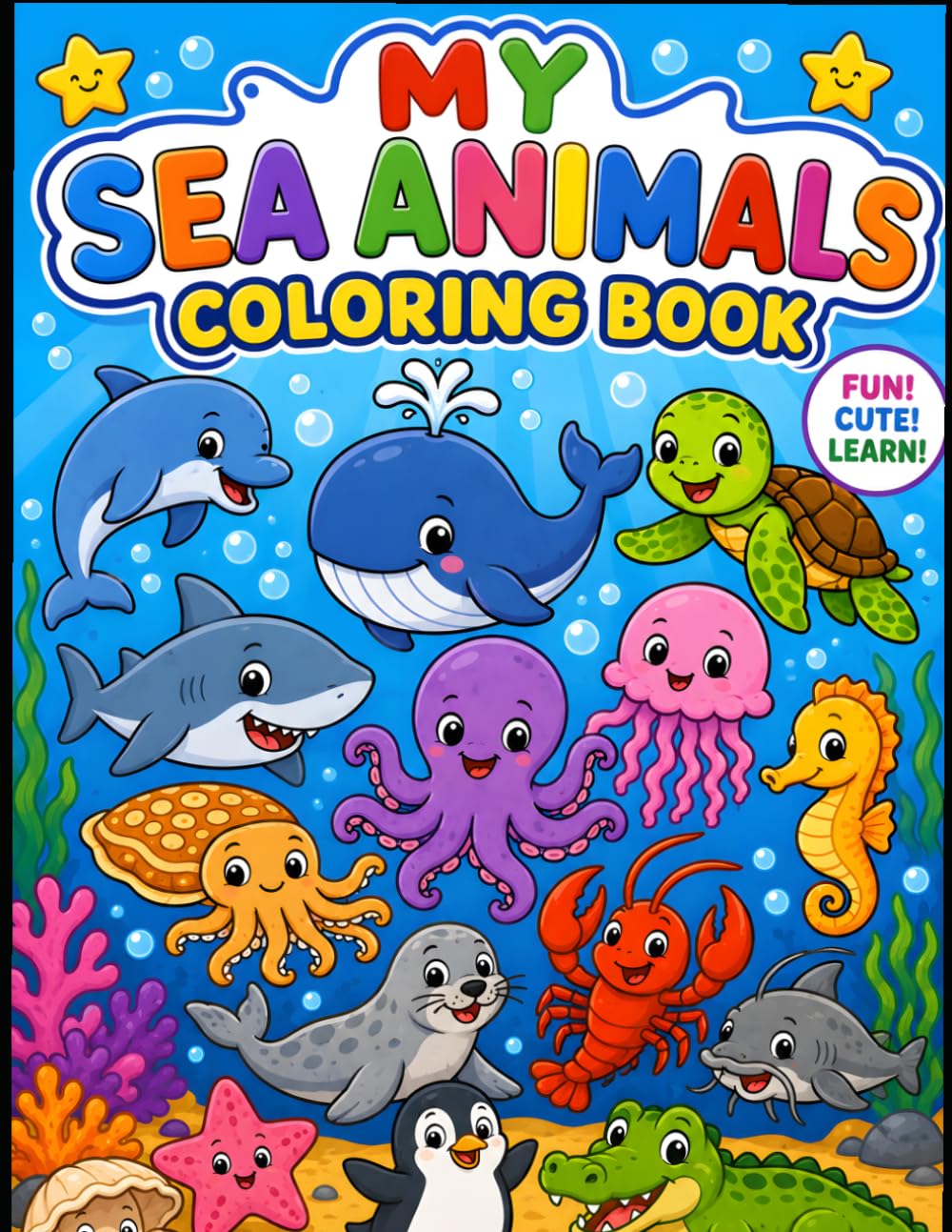 Sea Animals Coloring Book for Kids: Fun and Easy Ocean Creatures to Color for Boys and Girls Ages 4-8 | Dolphins, Sharks, Turtles, Whales, Octopuses and More