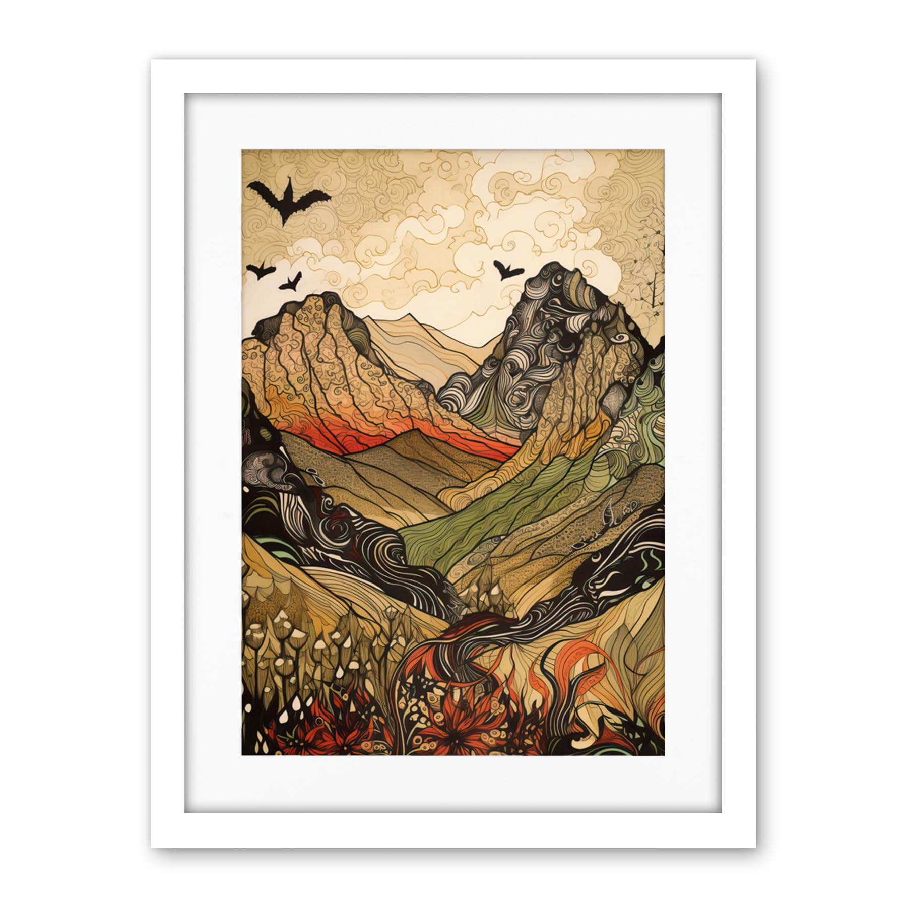Artery8 Mountain Landscape Multicoloured Pattern Linocut Artwork Framed Wall Art Print 18X24 Inch