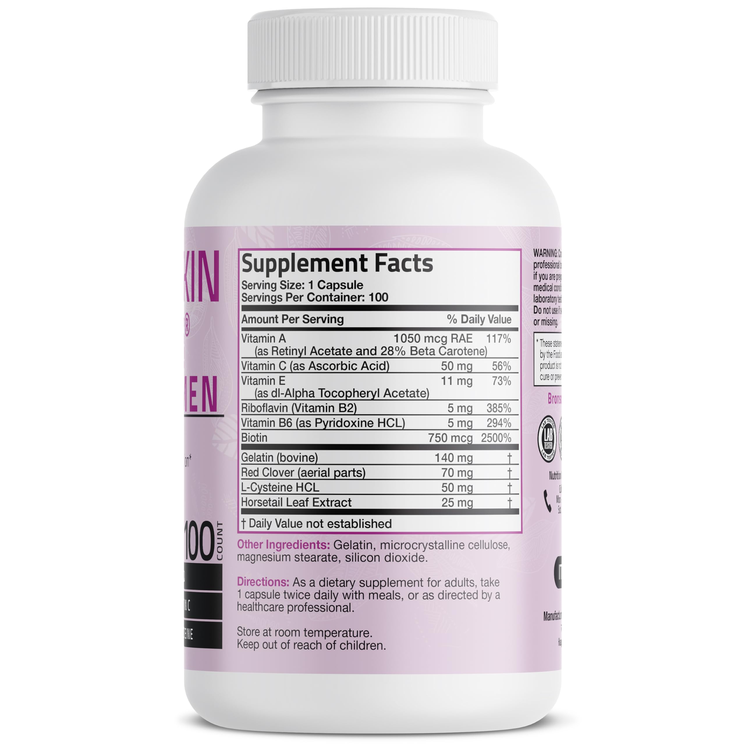 Bronson Hair, Skin & Nails with Biotin Extra Strength Vitamin Supplement for Women, 100 Capsules — Amazon image 2