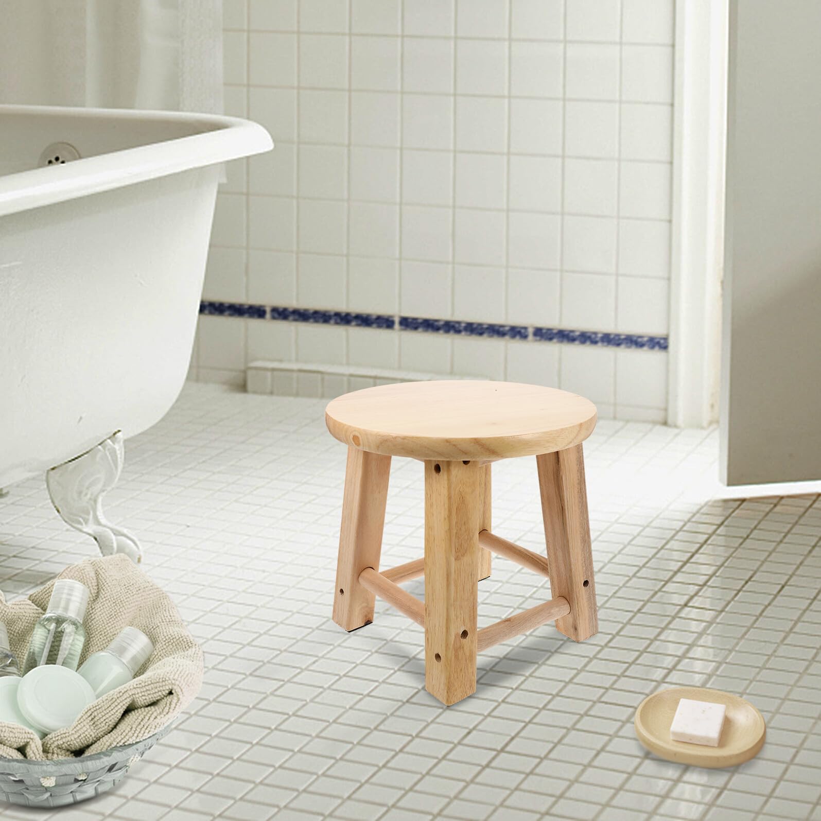 Mini taburete redondo de madera – Asiento de baño antideslizante creativo ligero y estable diseño de cuatro patas para cambiar zapatos y uso doméstico - Práctico y elegante