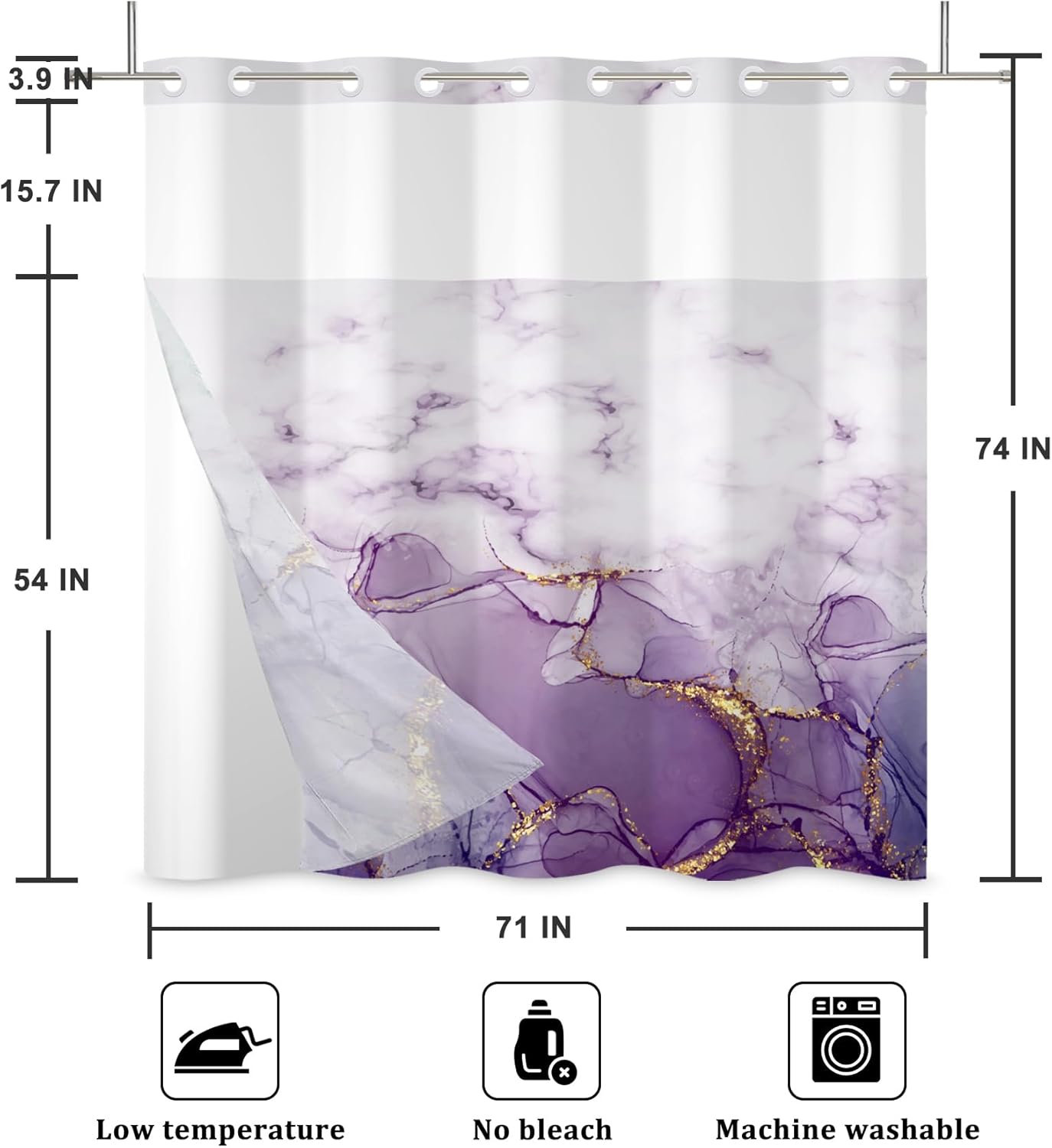 Baocicco Violet Marble No Hook Shower Curtain with Snap in Liner Luxurious Contemporary Hotel Style Double Layers with See Through Mesh Top Window Lavender Decorative Bathroom Accessories 71x74 Inch