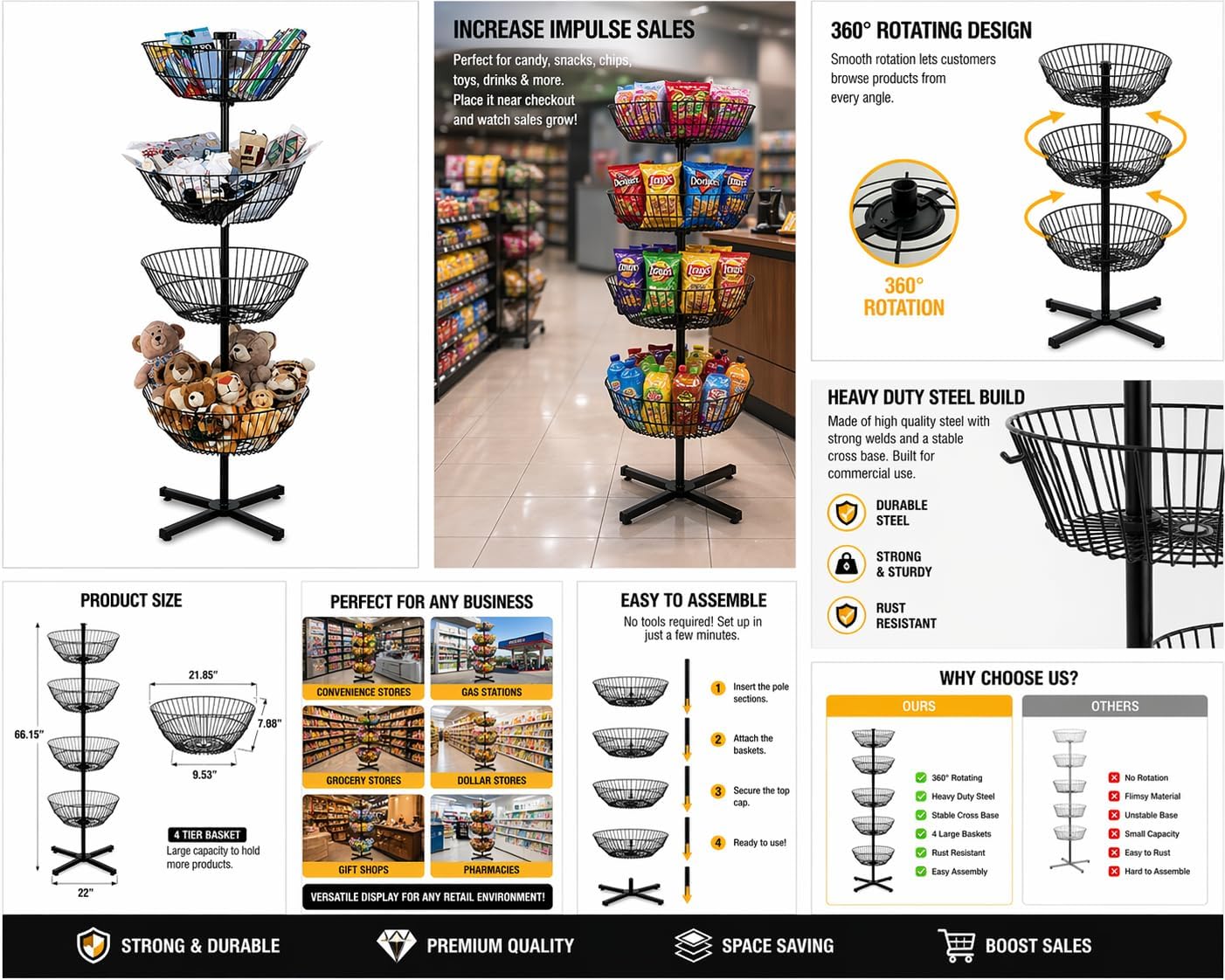 STEELAID 4 Tier Rotating Wire Basket Display Stand Dump Bin, Heavy Duty Metal Floor Merchandising Rack for Candy Snacks Chips Toys Drinks, Spinner Retail Organizer with Stable Cross Base, Black