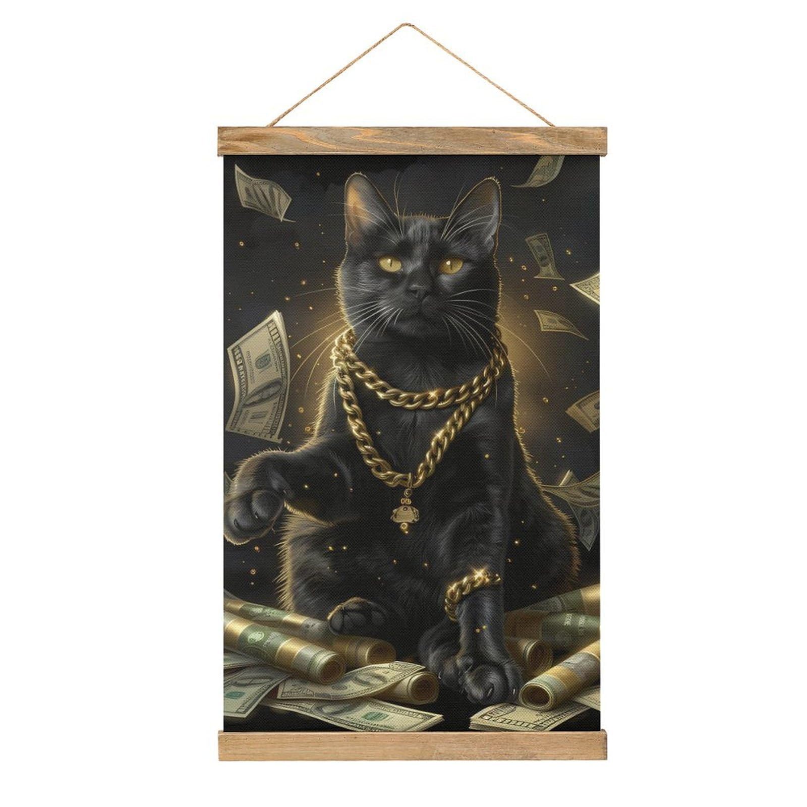 CGSBNGHA Funny Black-Luckcat Money Dollar Wall Art Prints Linen Hanging Painting Scroll Paintings Pictures Decor for Home
