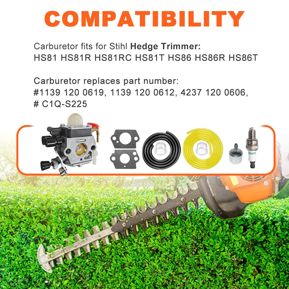 ZAMDOE Kit de carburateur pour Stihl HS81 HS81R HS81RC HS81T HS86 HS86R HS86T Taille-haie, remplace C1Q-S225, 4237 120 0606, 4237 120 0618, avec Joint Bougie d'allumage Filtre à Carburant