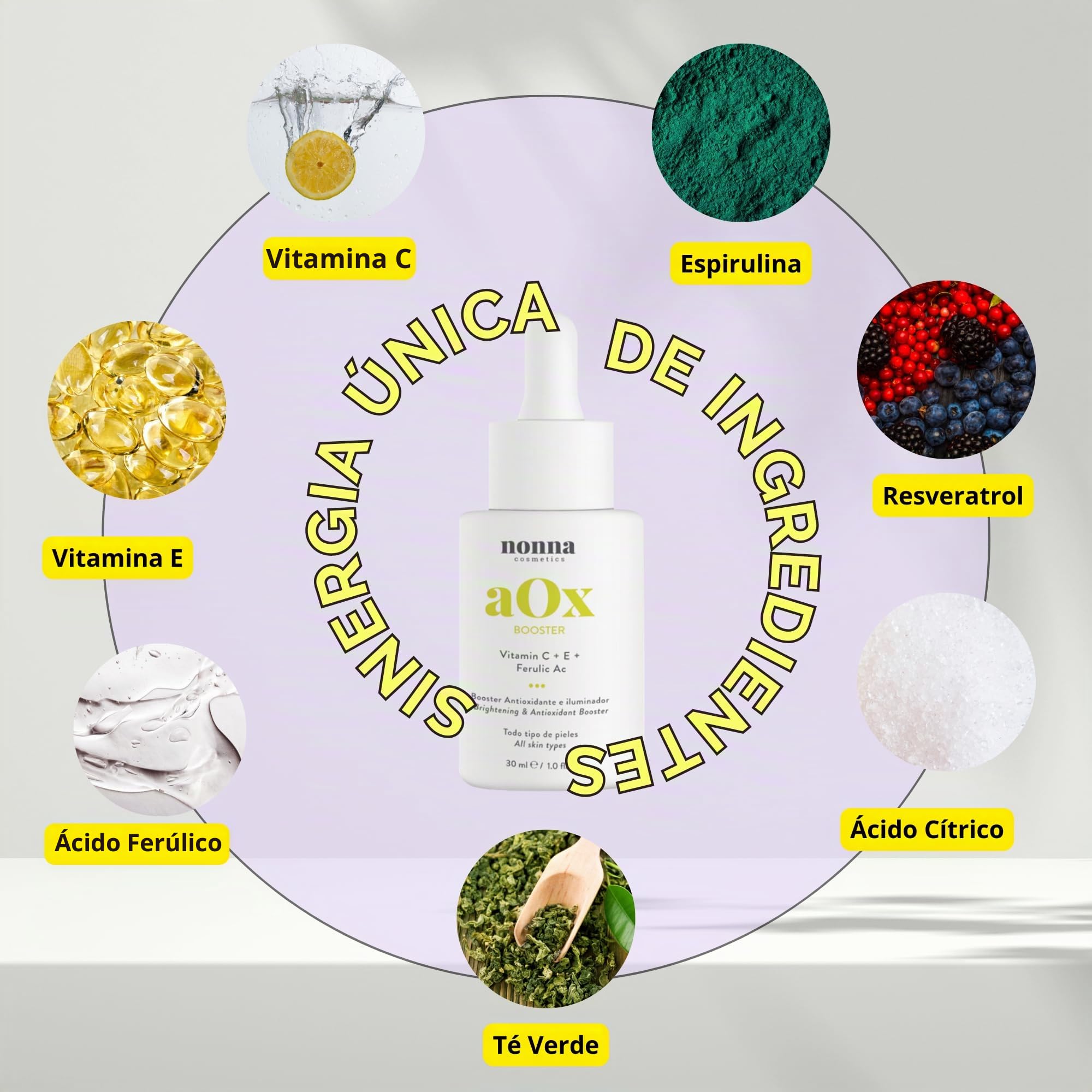 Sérum con Vitamina C y E + Ácido Ferúlico - Sérum Facial Mujer Antiedad - Rellenador de Arrugas | Poderosa Combinación Revitalizante de Rápida Absorción | Nonna - AOX Booster | 30ml