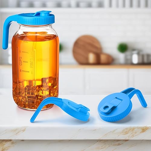 Miniatura 6 de 5 tarros de boca ancha para verter tapas con asa, tapa de plástico reutilizable, sello hermético a prueba de fugas, frasco no incluido (azul)