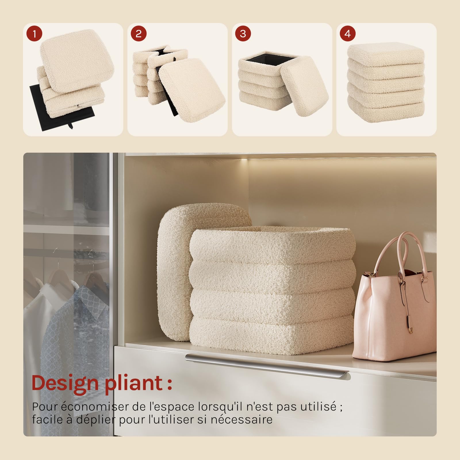 WOLTU Tabouret de Rangement Pliant, Pouf Coffre, en Polaire Teddy
