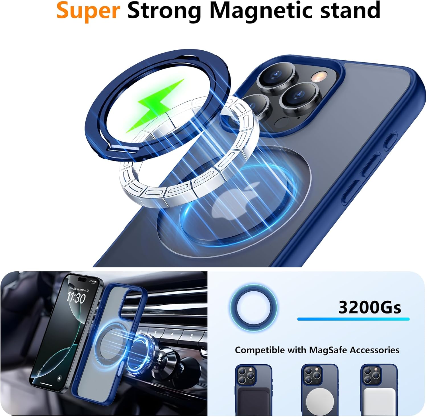 Temdan Designed for iPhone 16 Pro Case, 360°Rotatable Ring Stand Matte Skin Feeling Compatible with MagSafe Military-Grade Protection Magnetic Kickstand Case 6.3 inch -Matte Blue - Image 2