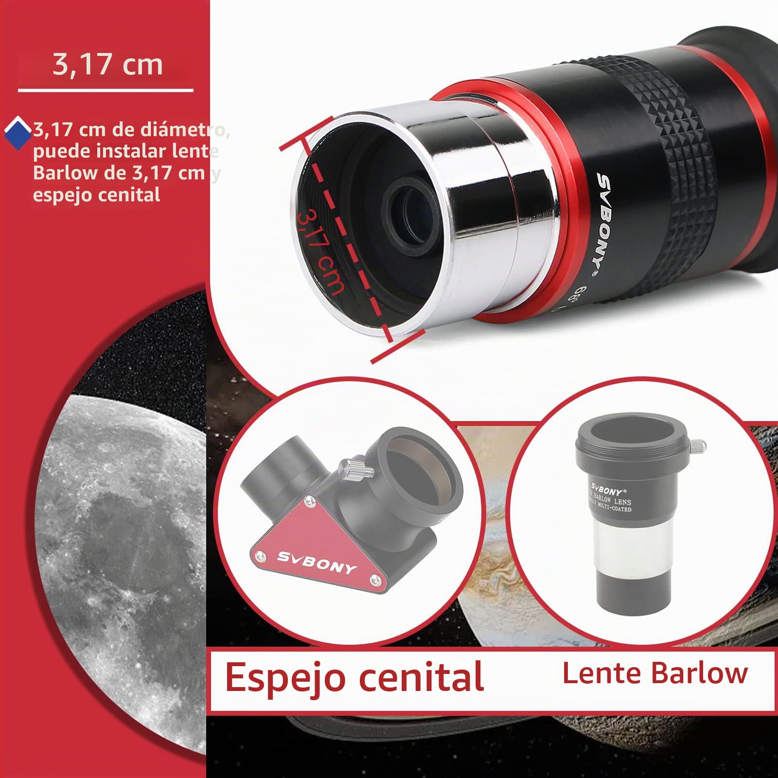 Svbony Ocular para Telescopio de 6 mm, Ocular Gran Angular de 68°, Ocular Planetario de 1,25", Accesorios para Telescopios Astronómicos con Lente FMC, para La Observación del Luna