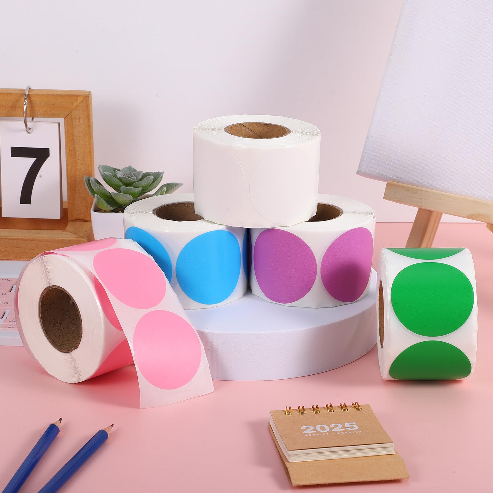 5 Rotoli Etichette Termiche Adesive Rotonde Colorate Resistenti All'usura per Stampanti Termiche, Carta Termica per Ufficio e Classificazione Inventario, 50mm X 600 Etichette