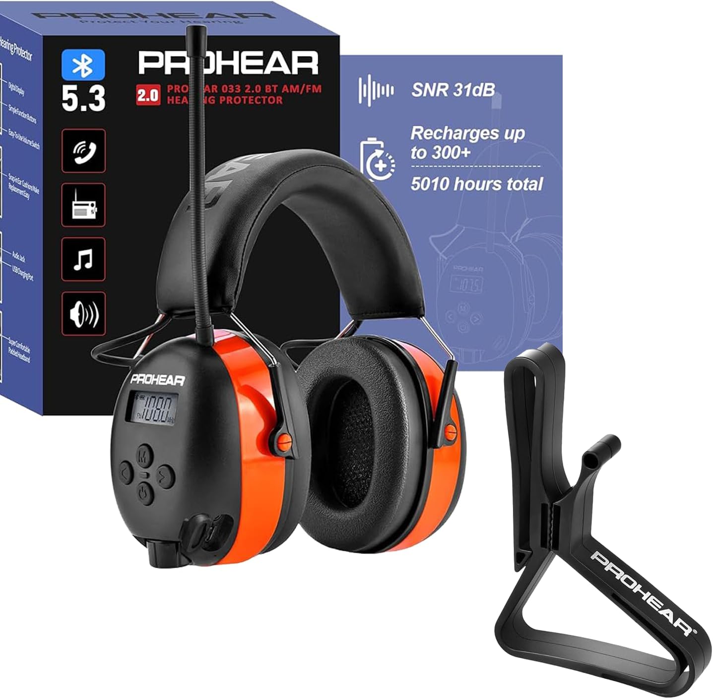 PROHEAR 033 2.0 Bluetooth Hearing Protection Heaphones with FM/AM Radio(Upgraded) &Ear Protection Holder