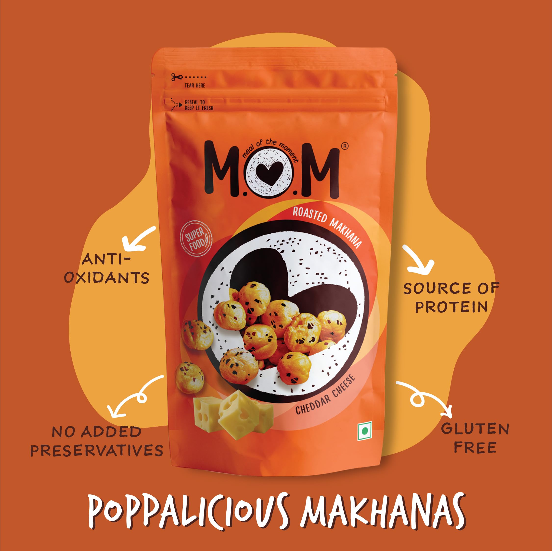 MOM - Meal of the Moment, Roasted Cheddar Cheese Makhana (Pack of 3) 52g / 56g - Gluten Free | Anti Oxidants | MSG Free | Zero Trans Fat | No added Preservatives and No Artificial Flavours - Image 3 thumbnail