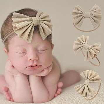Super Stretchy Soft Nylon Baby Girls Headbands with Bows Colorful Large Bow-knot Hairbands Elastic Hair Accessories for Newborns Toddlers Infant Camel B, Standard