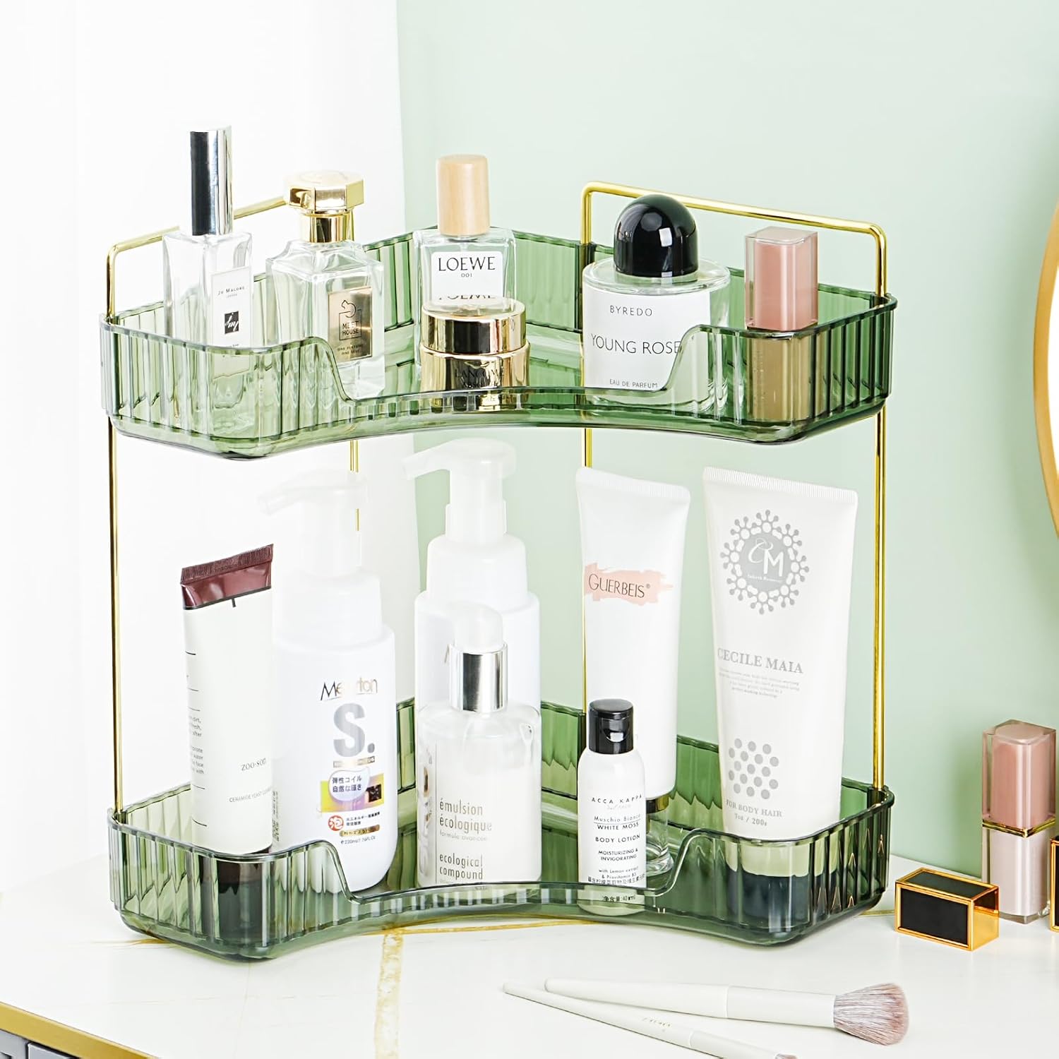 Corner Bathroom Counter Organizer, Skincare Organizers, Perfume Organizer, Large Capacity Makeup Organizer for Vanity, Corner Shelf for Makeup Storage (Gem Green, 2 Tier) 2 Tier Gem Green