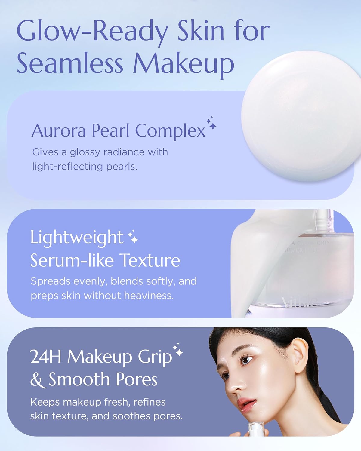 Aurora Glow Grip Primer Prep - Korean Illuminating Makeup Base for Radiant Skin - 8-Layer Hyaluronic Acid and Ceramides - Pore Minimizing, Sebum Control, Long Lasting Makeup, 1.01 fl.oz. - Image 4