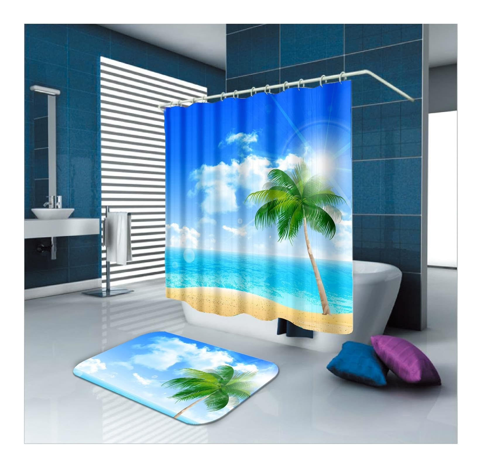 Duschvorhang Blau 165x180 cm, Strand Kokosnussbaum Muster Badvorhang Polyester Waschbar Stoff 1,65 x 1,8m Lang(BxH) mit Duschvorhangringen
