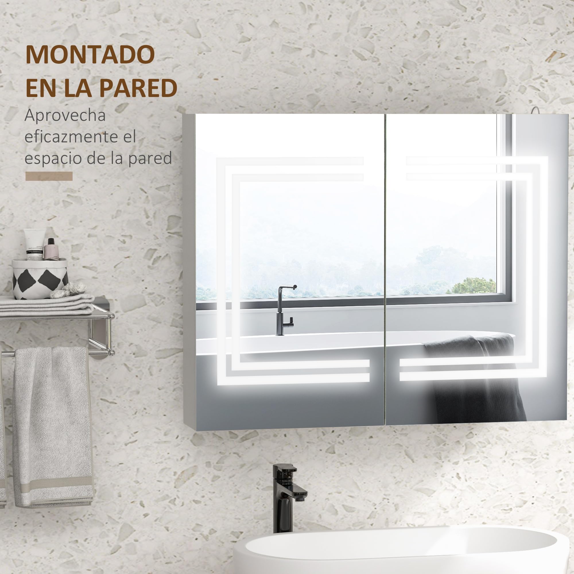 kleankin Armario de Baño con Espejo LED 80x15x65 cm Blanco Brillante | Camerino de Baño, Color de Luz Ajustable, 2 Puertas, Estantes Ajustables, Interruptor Táctil