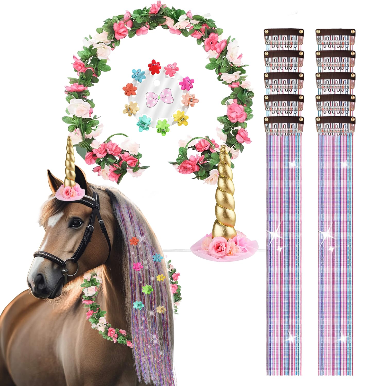 22Pcs Horse Costume, Unicorn Horn, Pony Bling Hair Accessory Set, Horses Tail Extension with Mini Clip, Pony Tinsel Rose Flower Vine for Real Horse