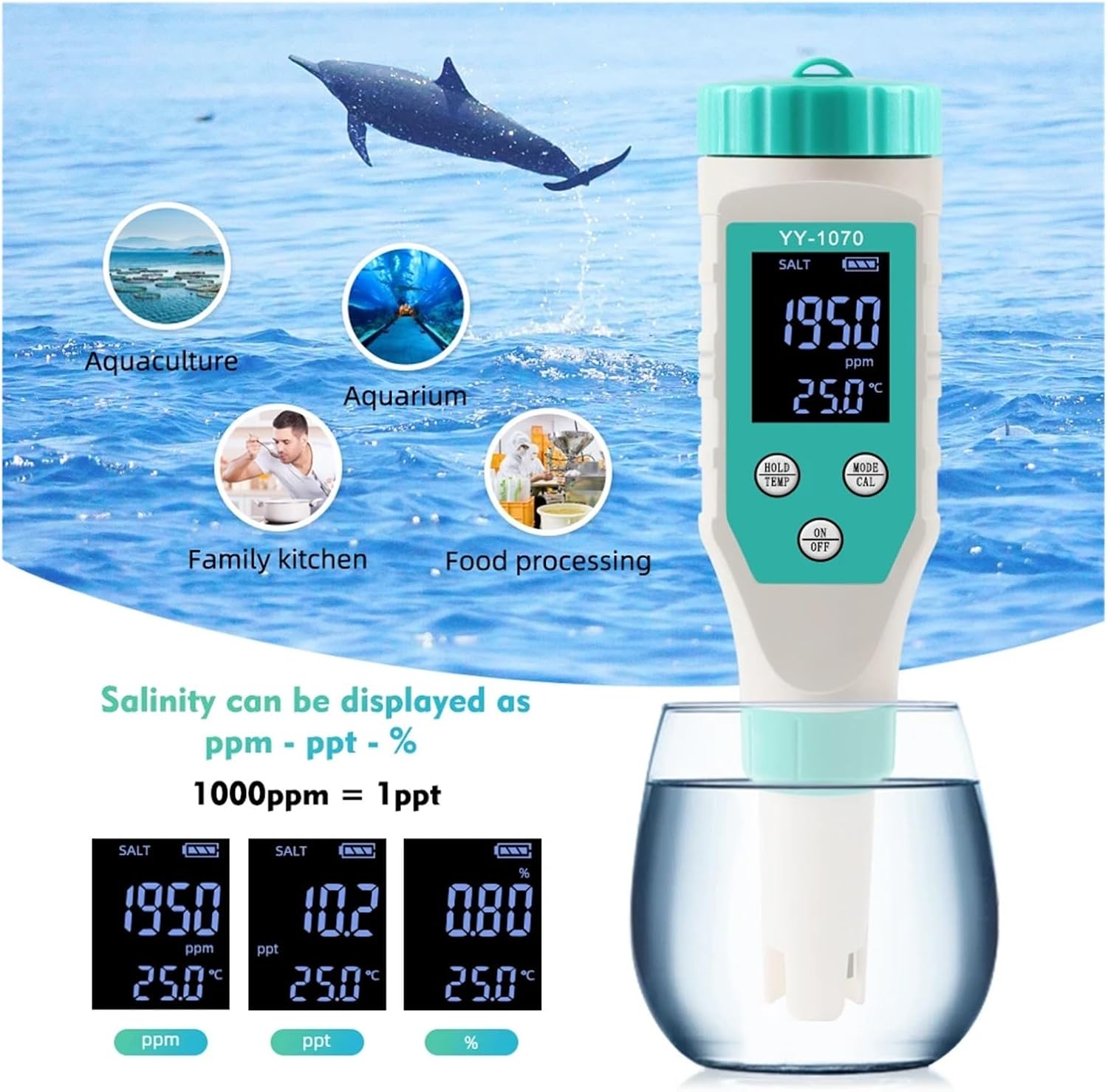 Soil Meters, 7 in 1 Swimming Pool Chlorine PH Meter Professional Salt/ORP/TDS/EC/FAC Tester Spa Hot Spring CL Water Quality Analyzer