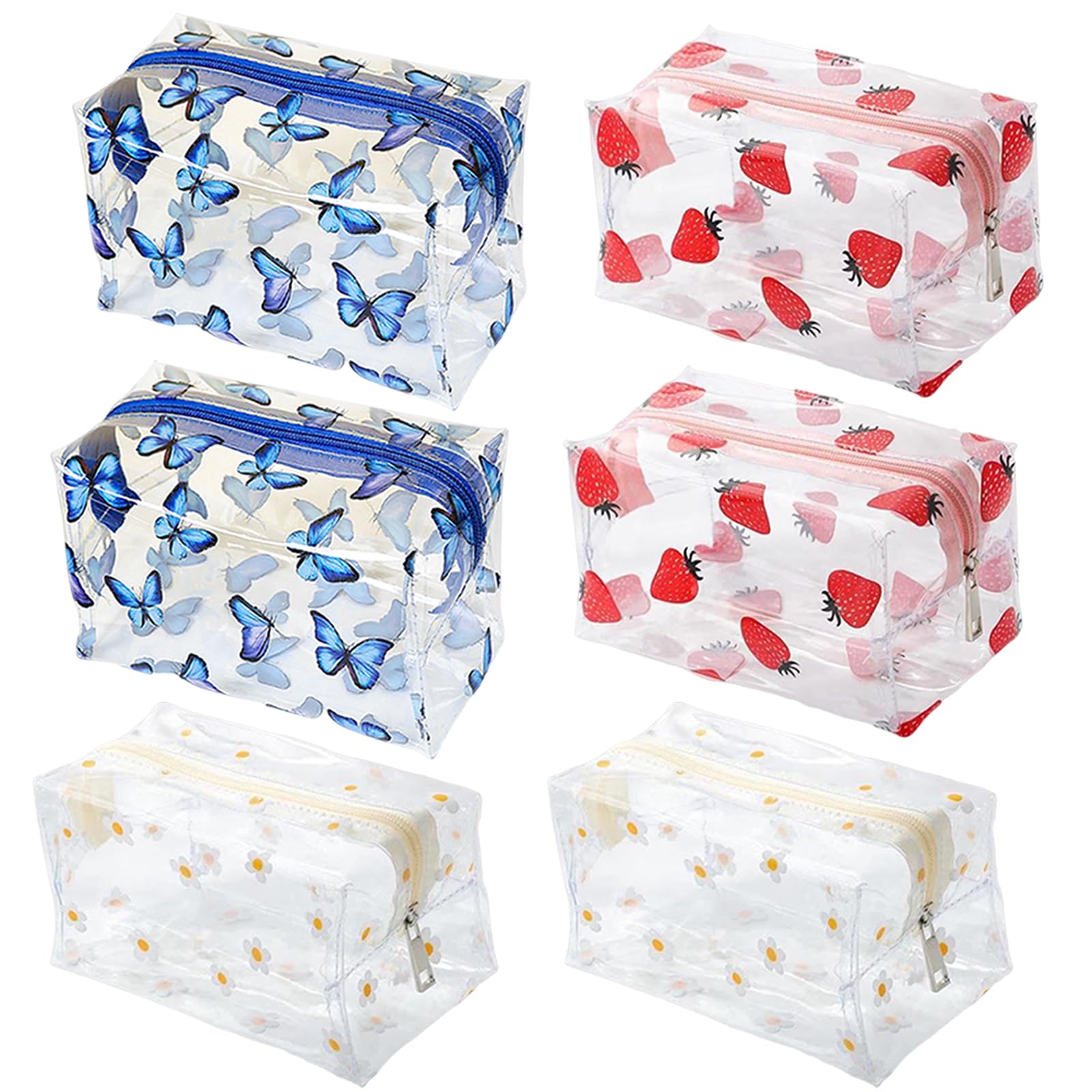 6 PCS Clear Pencil Cases Waterproof PVC Zippered Cases Portable Cosmetic Pouch Makeup Bags Cute Strawberry Daisy Butterfly Pattern Bags for Stationery Toiletries Makeup Travel & Office Supplies