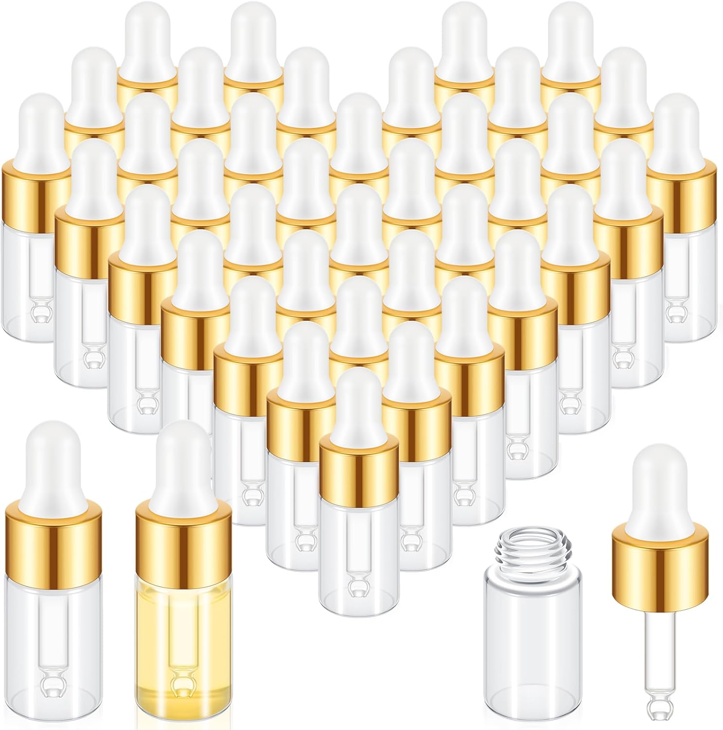 200 Pcs Mini Glass Oil Dropper Bottle Bulk, Clear Essential Small Empty Bottles Sample Containers Perfume Liquid Vials with Cap for Traveling (3 ml,Gold)