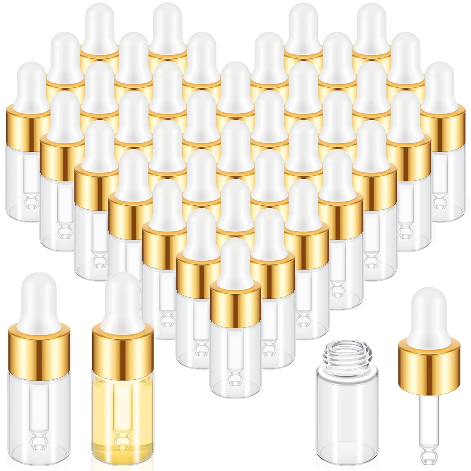 200 Pcs Mini Glass Oil Dropper Bottle Bulk, Clear Essential Small Empty Bottles Sample Containers Perfume Liquid Vials with Cap for Traveling (3 ml,Gold)