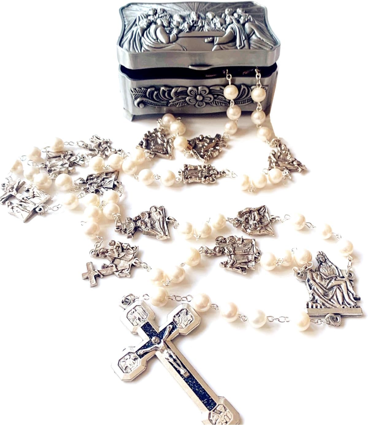 elegantmedical Stations of the Cross Prayer Rosary Real White Pearl Beads Necklace Catholic Gifts Box