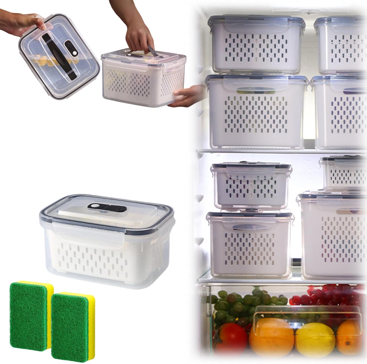 4 in 1 Food Storage Containers with Lids, Fresh Fruit Containers for Fridge, Leak-Proof Design, Plastic Food Storage Box with Drain Basket for Kitchen Organization (380ml)