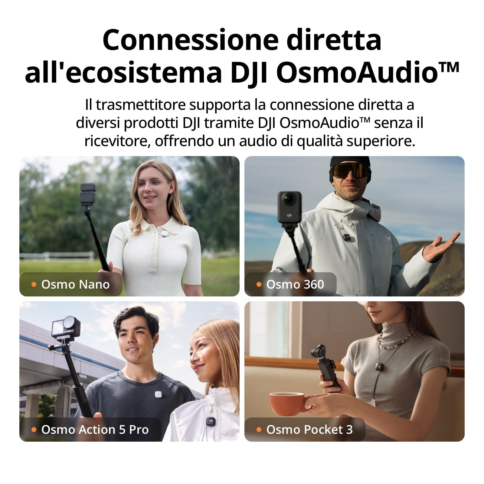 DJI Mic Mini wireless lavalier microphone per iPhone 17/16/15 Android PC tablet, 300 m range, cancellazione rumore, vlog