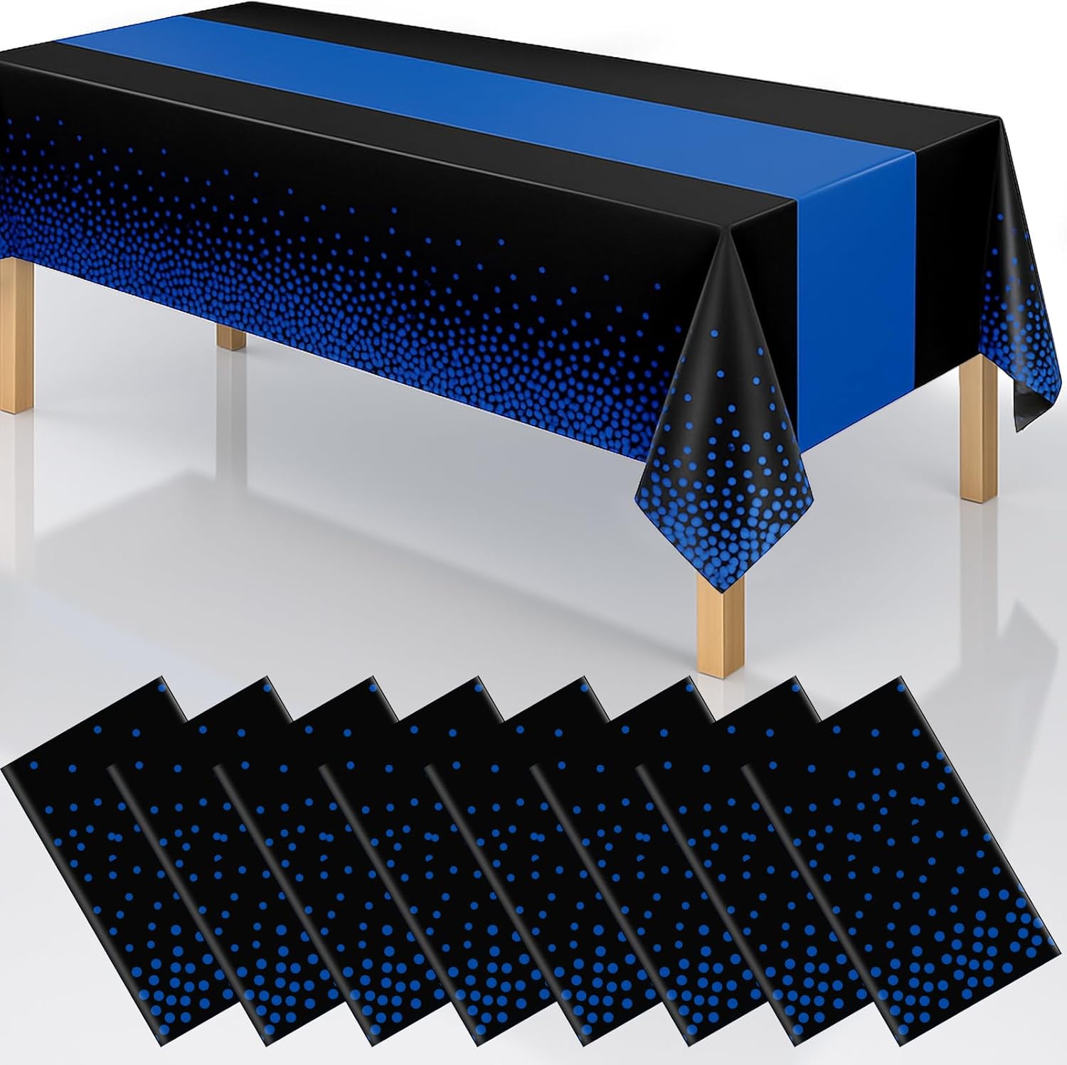 2in1 Disposable Plastic Tablecloths 54″ x 108″ Black and Blue Dot Kitchen Table Cloth Rectangle Table Cover for Wedding Birthday Baby Shower Anniversary Christmas Graduation (Black/Blue, 8 Pack)