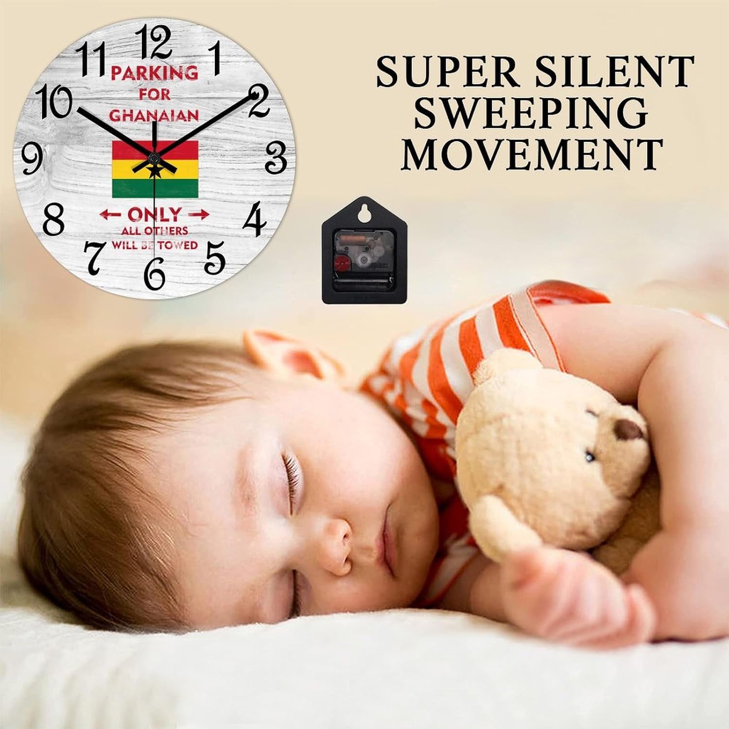 Ghana Flag Wooden Wall Clock Parking for Ghanaian Only All Others Will Be Towed Hanging Wall Clock Battery Operated Non-Ticking Sweep 15 Inch Rustic Chic Farmhouse Wall Clock for Wall Laundry