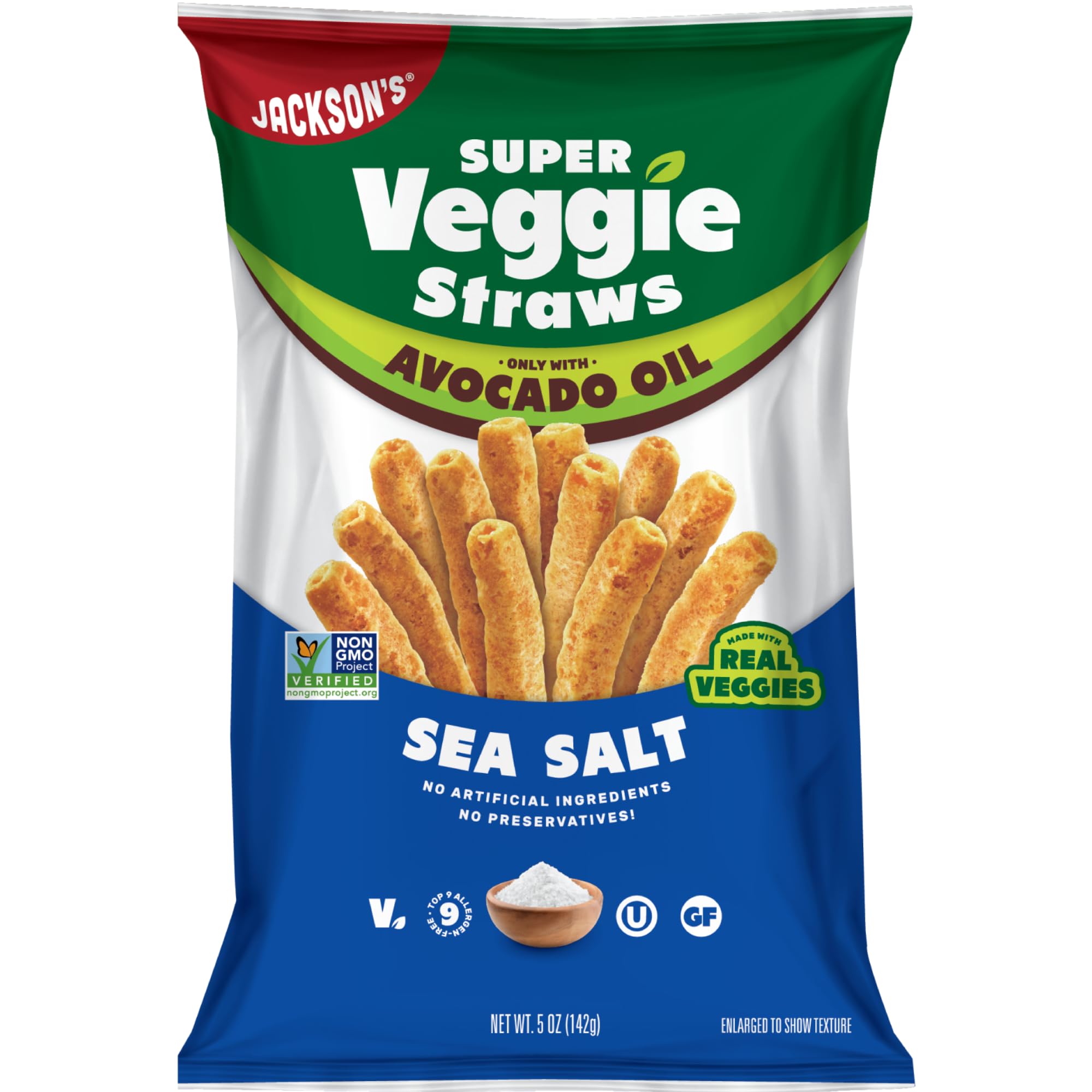 Jackson’s Super Veggie Straws™ (Sea Salt, 5 oz, Pack of 6) – Gluten Free, Vegan, Snacks for Kids & Adults – Made with Premium Avocado Oil –