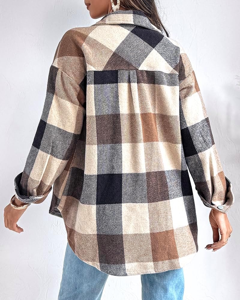CHICME Womens Plaid Casual Jacket Long Sleeve Shacket Turn-down Collar Button Fall Shirt Coat - Image 3