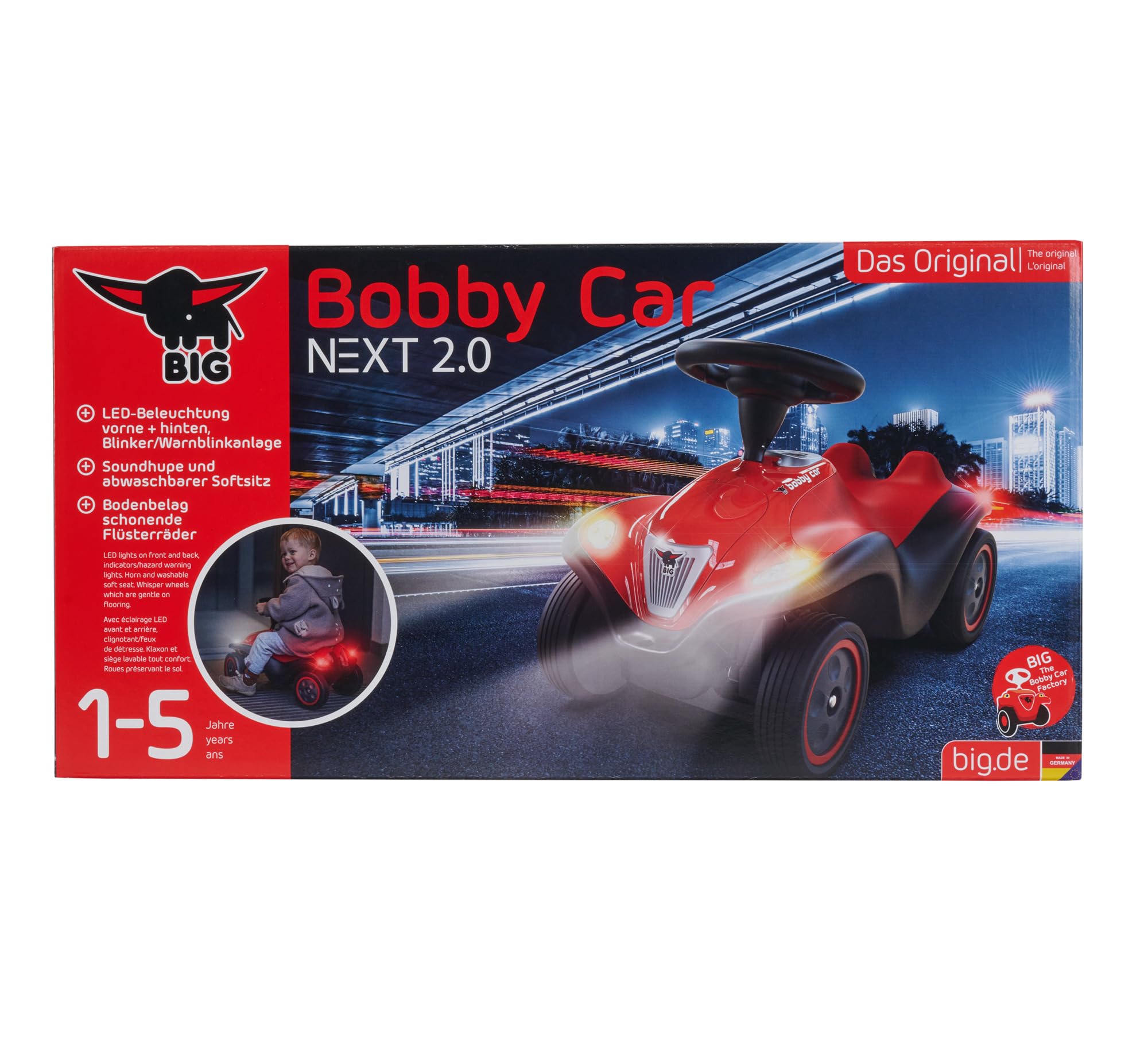 Big Bobby Car Next 2.0 (rot) - Rutschauto ab 1 Jahr mit LED-Licht, Stauraum, Sound-Lenkrad, Flüsterreifen und neuen Funktionen, Fahrzeug für Kinder von 1-5 Jahre (max. 50 kg)