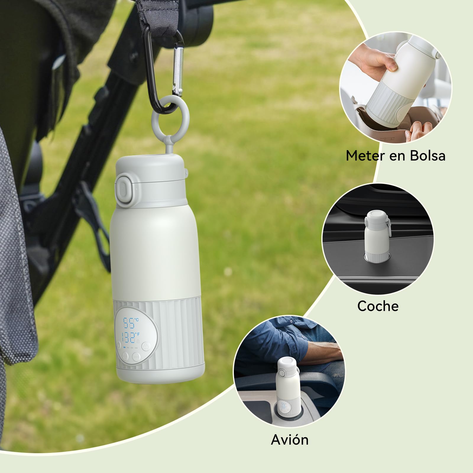 Calentador de biberones portátil para bebé batería de 380 ml para leche materna agua 10000 mAh calentamiento rápido control de temperatura preciso 100W larga duración de la batería (Gris Verde)